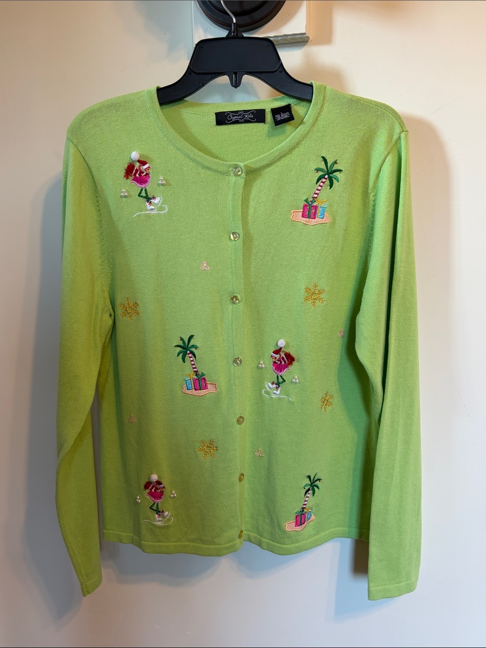 Crystal-Kobe Christmas Cardigan L Flamingo Santa Ice Skates Tropical Holiday
